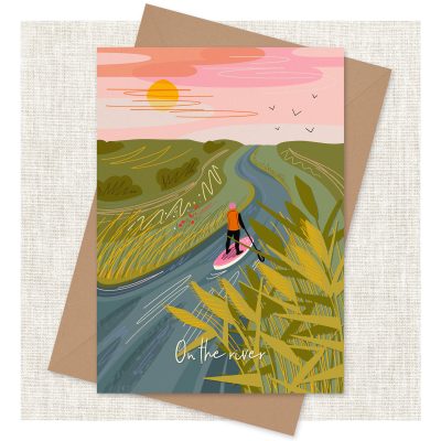 The A4 art print On the River beautifully captures the essence of paddleboarding on a serene river, featuring lush green fields and swaying reeds. This stunning illustration is set against a backdrop of soft pink and orange skies, complete with a picturesque setting sun and graceful flying birds. Printed on high-quality textured card stock, this artwork brings natures tranquility into your home decor. Perfect for those looking to enhance their wall art collection with vibrant landscape illustrations.