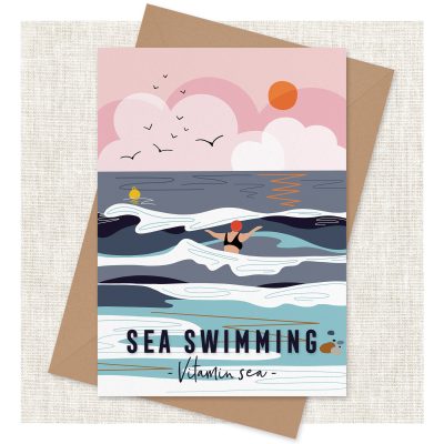 Discover our A4 art print titled On the River, featuring an illustrated paddleboarder gliding gracefully across sparkling waters. This stunning artwork is set against a textured beige background, enhanced by sunlight reflections, under a captivating pink sky adorned with clouds and birds. The piece also includes inspiring text: Sea Swimming and Vitamin Sea, adding an extra layer of depth to this striking artwork. Perfect for bringing a touch of natures serenity into your space, this art print is ideal for lovers of water sports and tranquil landscapes.