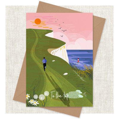 Capture the tranquil beauty of paddleboarding with our A4 art print, perfect for any serene space. This stunning artwork showcases a person gliding along a grassy cliffside path while the sun sets over the ocean, creating an idyllic coastal scene. Soaring birds in a dreamy pink sky and blooming white daisies enhance the calm atmosphere. Featuring the text To the top, this print also highlights a picturesque lighthouse near the ocean, embodying peace and relaxation. Ideal for those who love nature-inspired decor and want to bring a touch of tranquility into their home or office.