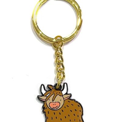 The Highland Cow Keyring showcases a charming cartoon-style brown yak charm, complete with black line eyes, a cute pink nose, and small horns. This delightful keyring is finished with a stylish gold ring and chain, making it the perfect accessory for any animal lover.