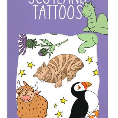 The Scotland Temporary Tattoos illustrated poster showcases a green dinosaur, thistle flowers, a tabby cat, a Highland cow, and a puffin set against yellow stars on a purple background. This vivid artwork perfectly captures the essence of Scotland with its delightful transfer-inspired details.
