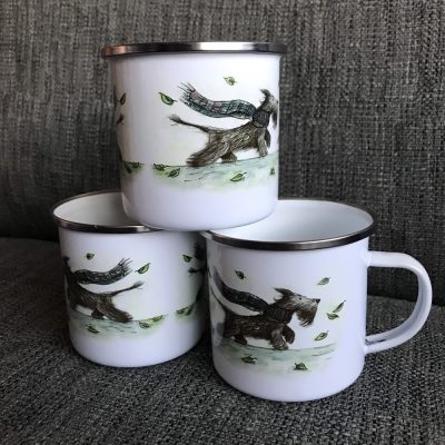 Stacked elegantly on a gray surface, these three Scottie Dog enamel mugs are perfect for dog lovers and autumn enthusiasts alike. Featuring a glossy white finish with chic silver rims, each mug showcases an adorable scarf-wearing Scottie surrounded by charming falling leaves. Capture the essence of autumn adventures with these unique Scottie Dog mugs, ideal for cozying up during the cooler months.