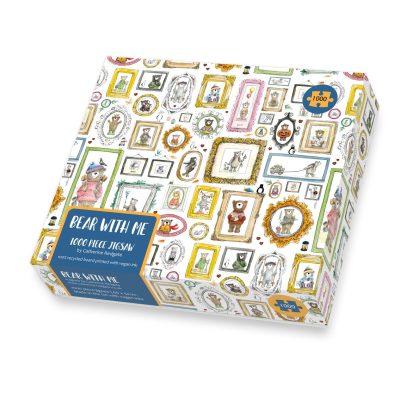 The Bear with Me 1000 Piece Jigsaw Puzzle showcases delightful animal illustrations, including bears, set against a clean white backdrop. This premium decorative puzzle is perfect for jigsaw enthusiasts and makes a charming addition to any puzzle collection.