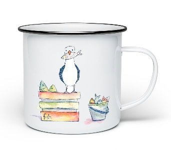 The Seagull Enamel Mug boasts an enchanting design complete with a stylish black rim, showcasing a whimsical seagull perched on a stack of vibrant books beside a decorative pot filled with assorted shapes. Perfect for those seeking unique enamel mugs and charming seagull-themed kitchenware.