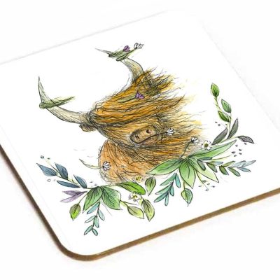 Enhance your home decor with our charming Highland Cow Coaster featuring a stunning illustration of a Heelan cow. This eye-catching design showcases the cow’s distinctive long, windswept fur surrounded by lush green leaves and vibrant, colorful flowers. Delight in the added detail of small birds adorning its majestic horns. Perfectly printed on a durable white square coaster, this piece is both functional and an exquisite addition to any table setting.