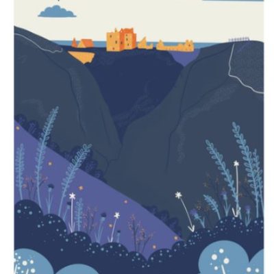The Dunnottar Castle A3 Print beautifully captures a stunning coastal landscape featuring the iconic yellow-orange castle perched majestically on a cliff. The foreground is adorned with stylized plants and shadowed hills, while the serene sky highlights a picturesque setting sun, scattered clouds, and soaring birds. This art print of Dunnottar Castle offers an enchanting view perfect for adding coastal charm to any space.