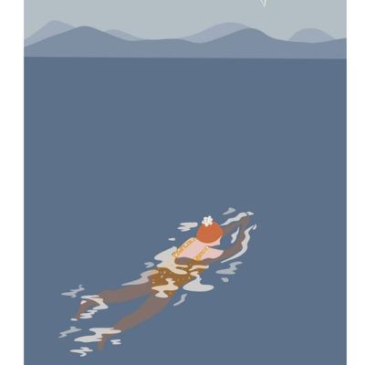 The Wild Swimming A4 Print showcases a swimmer wearing an orange swimsuit and cap navigating through a serene lake. With a stunning mountain backdrop, clear skies, and birds gracefully soaring overhead, this art piece is perfect for nature enthusiasts who appreciate tranquility. The print features the text Wild Swimming at the bottom and is available as an ideal A4-sized wall decor option.
