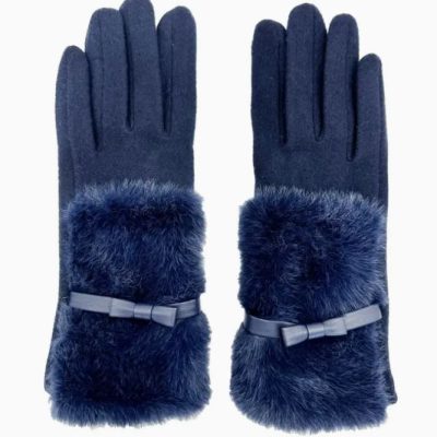 Discover the perfect blend of style and comfort with our elegant navy blue gloves featuring soft faux fur cuffs and chic bow accents. These plush-textured gloves offer exceptional warmth, making them an ideal accessory for cold weather fashion.