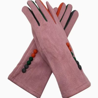 Discover a stylish pair of pink suede gloves adorned with vibrant multicolored buttons on the cuffs. These eye-catching details feature shades of orange, green, and black, making the gloves perfect for adding a pop of color to your wardrobe. The elegant crossed display against a light background highlights their unique design.