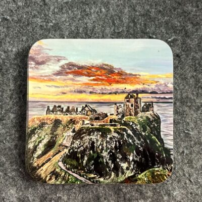 Discover a breathtaking coastal landscape painting that captures the essence of a historic castle perched majestically on a rocky cliff by the sea. The vibrant sky showcases an enchanting palette of pink, orange, and yellow hues from the setting sun. This stunning artwork beautifully blends natural beauty with historical allure, perfect for adding a touch of seaside elegance to any space.