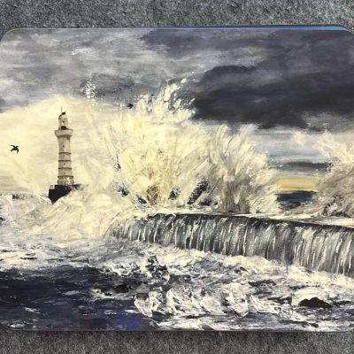 This captivating painting of a stormy sea showcases powerful waves crashing against a resilient lighthouse. The scene is set under a dark, cloudy sky, adding to the dramatic atmosphere as large ocean waves splash over rugged rocks and the lighthouses sturdy base. A lone bird in flight nearby amplifies the sense of dynamic motion and turbulent energy in this stunning seascape art.