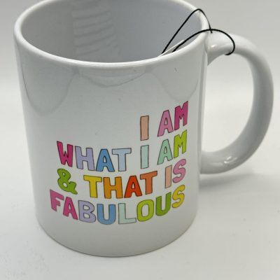 Discover the perfect gift with our I Am What I Am & That Is Fabulous colorful text white mug. Featuring a playful tea bag string hanging over the rim, this stylish coffee mug is set against a clean white background. Perfect for brightening up your kitchen or as an inspiring present for friends and family.