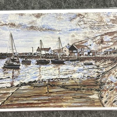Discover a stunning textured illustration of a picturesque harbor featuring sailboats docked near the shoreline. The dynamic waterfront is lined with charming buildings, while majestic hills provide a breathtaking backdrop under the dramatic cloudy skies. The serene water beautifully reflects the surrounding scenic beauty. Perfect for those captivated by nautical scenes and coastal landscapes!.