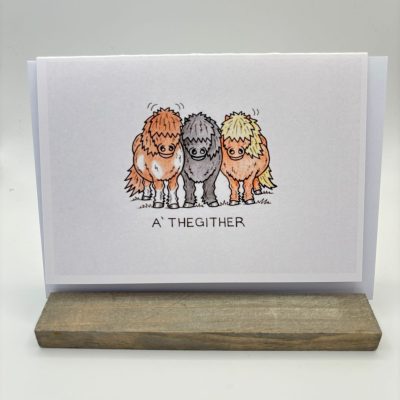 An eye-catching illustration featuring three small, fluffy horses in a row with the SEO-friendly caption A thegither below. These adorable horses are adorned in vibrant shades: orange, gray, and yellow, each showcasing a unique mane style. They stand together against a minimalist background, creating an engaging and visually appealing scene perfect for attracting attention online.