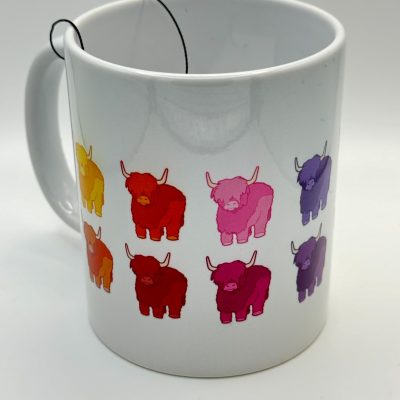 Discover our vibrant highland cow mug, adorned with colorful illustrations that make it a standout addition to your kitchenware. This white ceramic mug showcases a captivating grid design featuring highland cows in stunning shades of yellow, red, pink, and purple. Ideal for tea enthusiasts, youll spot a black string inside from your favorite tea bag. Perfect for adding a splash of color and charm to your morning routine or as a unique gift idea!.