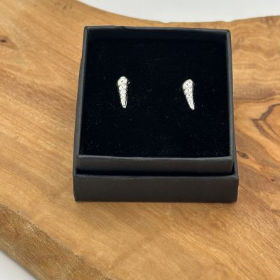 pair of shell silver earrings beautifully showcased in a stylish black box placed on a wooden surface.