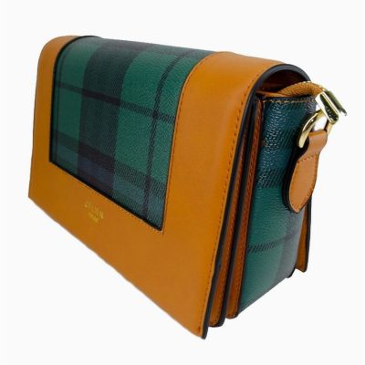 Discover a chic handbag featuring an eye-catching green and dark green plaid design with luxurious tan leather accents. This stylish accessory includes a convenient shoulder strap, adding versatility to your fashion statement. The rectangular-shaped bag boasts elegant gold-tone hardware for a touch of sophistication, making it an ideal choice for fashion-forward individuals seeking timeless style in handbags and accessories.