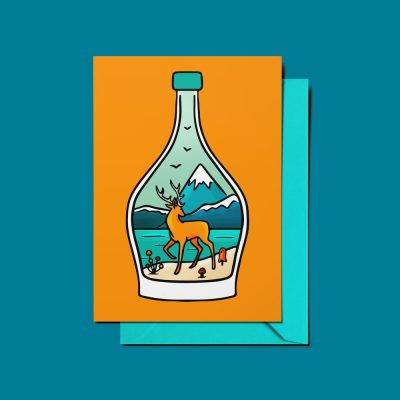 Illustration of a bottle featuring a deer, mountains, and water, set against a vibrant orange background. This eye-catching design is centered on a teal card. The picturesque scene also includes mushrooms and birds soaring in the sky.