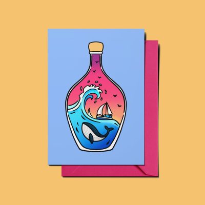 Illustration of a message bottle featuring a stunning sunset ocean scene. Inside the bottle, youll find a dynamic wave, a majestic whale, and an elegant sailboat. The card boasts a blue background and is perfectly paired with a pink envelope.